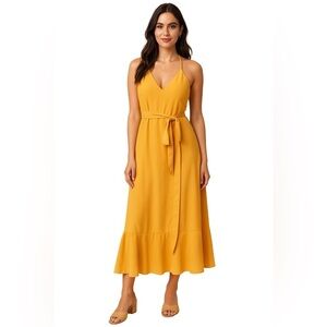 Lulus Manhattan Moment Yellow Ruffled Midi Wrap Dress | Size Small